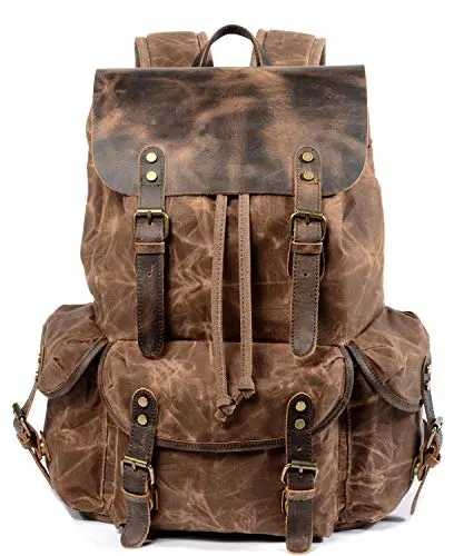 WUDON waxed canvas and leather backpack with drawstring closure and rugged vintage style