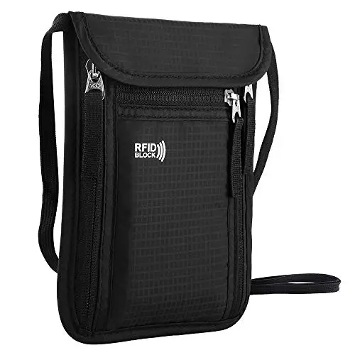 Black nylon travel pouch neck wallet with multiple zippered compartments