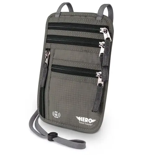 Army grey neck wallet passport pouch being worn under a shirt