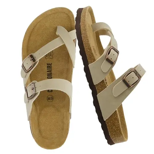 CUSHIONAIRE women's crossover toe strap sandals with a cork-look footbed