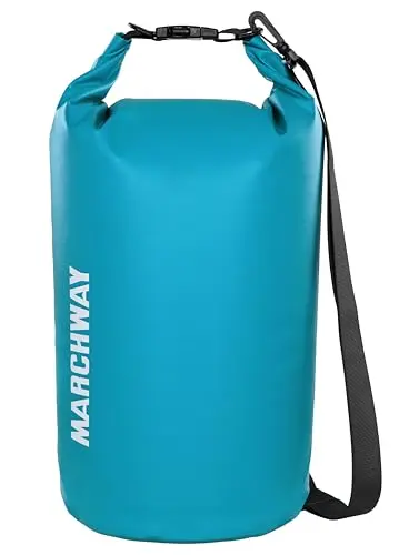 MARCHWAY Floating Dry Bag Backpack in teal color, showing roll-top closure and backpack straps.