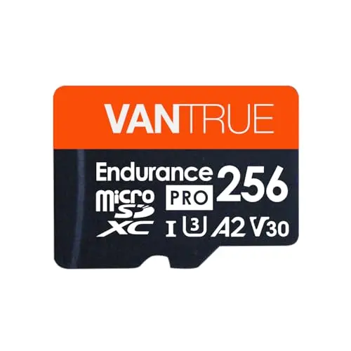 Vantrue 256GB microSDXC UHS-I U3 card with adapter, designed for dash cams and surveillance systems.