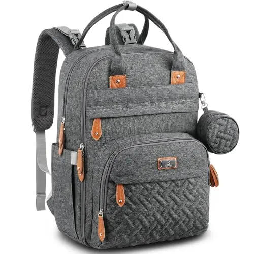 BabbleRoo Diaper Bag Backpack in Dark Gray showing multiple compartments
