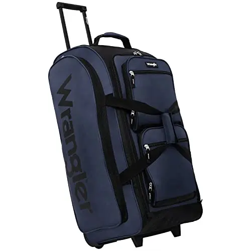 Wrangler navy blue rolling duffle bag with blade wheels and top handles