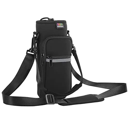 Nuovoware neoprene water bottle sling bag with adjustable strap and two pockets.