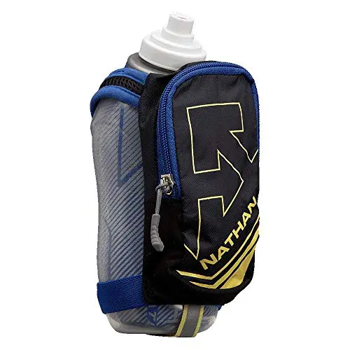 Nathan SpeedDraw Plus Insulated Handheld Water Bottle in hand with reflective strap