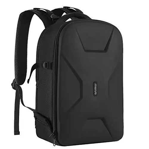 MOSISO black camera backpack with a waterproof PU leather hardshell front and tripod strap on the side