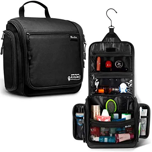 AVAJEX hanging toiletry bag with multiple compartments open