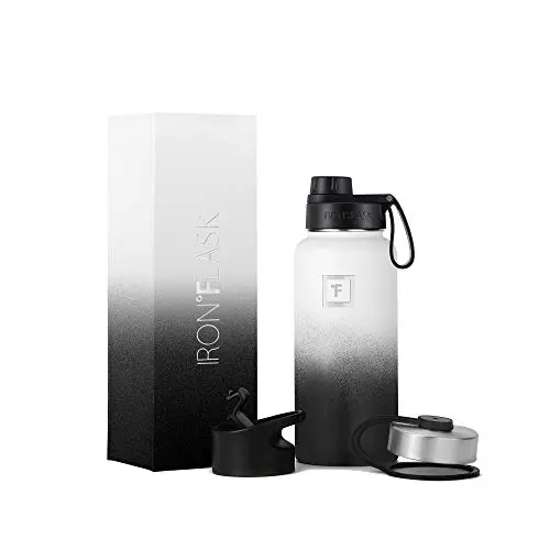 IRON FLASK stainless steel water bottle with three interchangeable lids in a Day & Night color.
