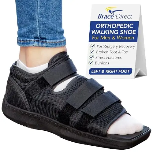 Brace Direct Post-Op Shoe, showing a breathable mesh upper and adjustable straps over a rigid sole.
