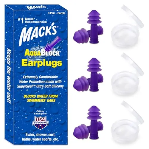 Mack's purple silicone swimming earplugs with triple flange design in a storage case