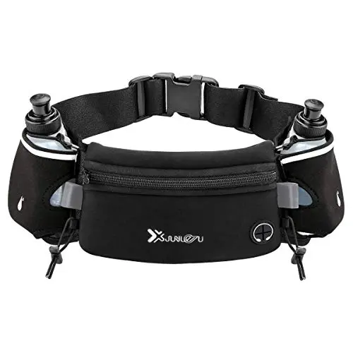 Number-one hydration belt with two included water bottles and a zip pocket