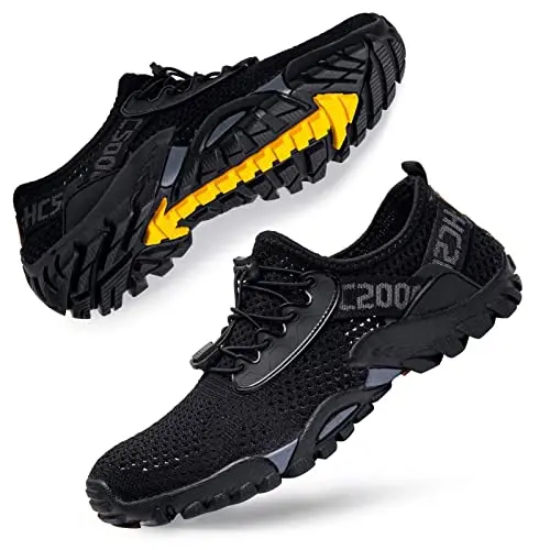 Quick-drying water shoes being used for hiking in a river