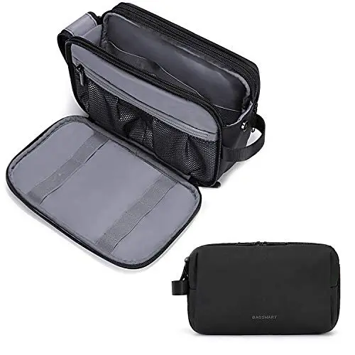 BAGSMART black medium toiletry bag with multiple compartments and zippers open