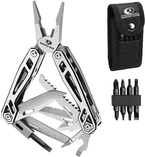 Mossy Oak 21-in-1 silver multitool with bit sleeve and sheath