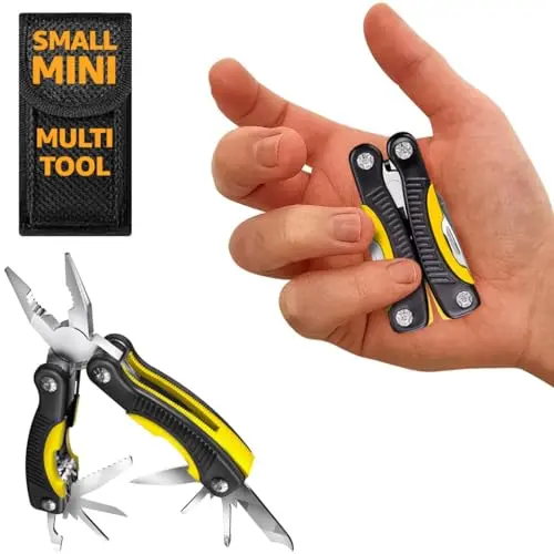 Grand Way yellow and black mini multitool open, showing its skeletonized handles
