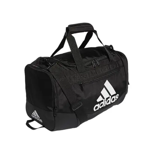 Adidas Defender 4.0 small duffel bag in black and white.