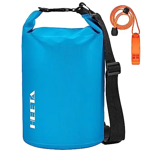HEETA Upgraded Dry Bag in blue, showing backpack straps and roll-top closure.