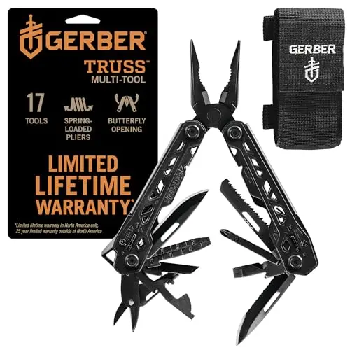 GERBER Truss Multitool with multiple tools deployed on a fishing net