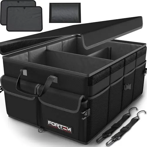 FORTEM collapsible trunk organizer with soft cover and side pockets in an SUV.