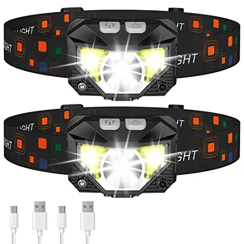 LHKNL lightweight LED headlamp pack showing two headlamps with red and white light modes