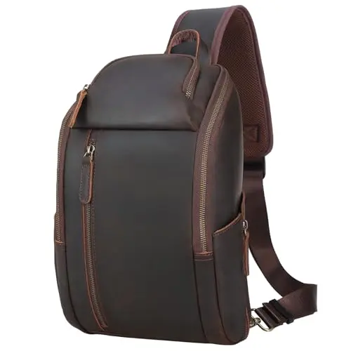 TIDING genuine leather chest pack sling bag for men with many pockets