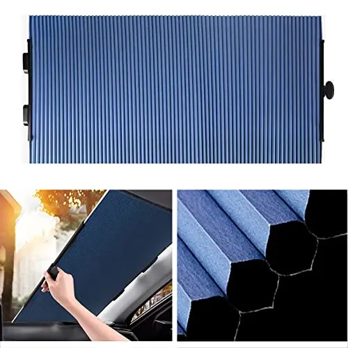 DADHOT blue retractable honeycomb sunshade on a car windshield