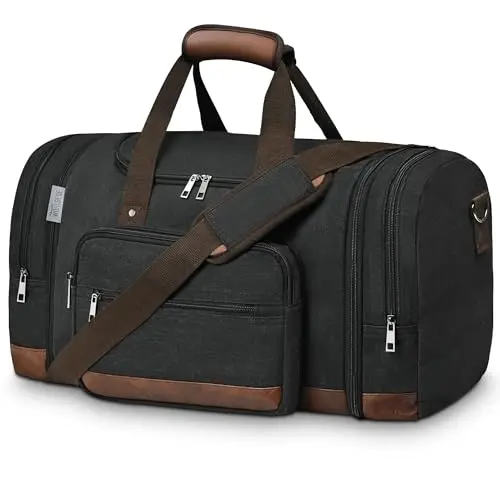 Black Wohlbege expandable duffel bag with luggage sleeve