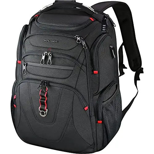 KROSER black TSA-friendly laptop backpack open, showing multiple compartments and a USB port