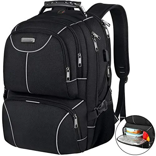 VECKUSON grey backpack with insulated lunch box compartment open