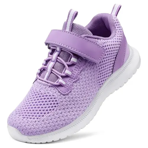 RUNSIDE lightweight kids sneaker in purple, featuring a knit upper and hook-and-loop strap