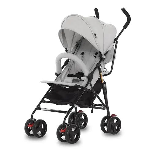 Dream On Me Vista Moonwalk Lightweight Stroller in Light Gray, highlighting its one-hand fold and compact size.