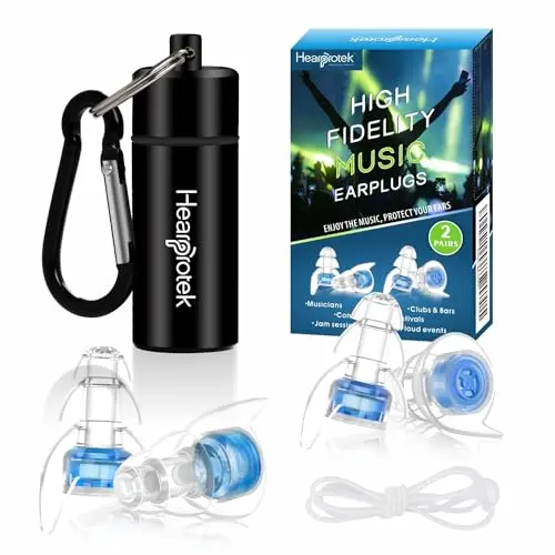 Hearprotek high fidelity ear plugs in blue with detachable cord and case