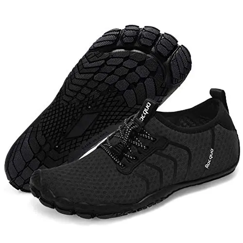 Racqua Water Shoes in black, showing drainage holes and wide toe design