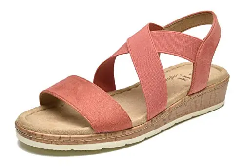 VJH Confort women's flat sandals with an elastic ankle strap and wooden-look wedge