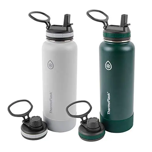 Two ThermoFlask 40oz stainless steel water bottles in gray and pine colors