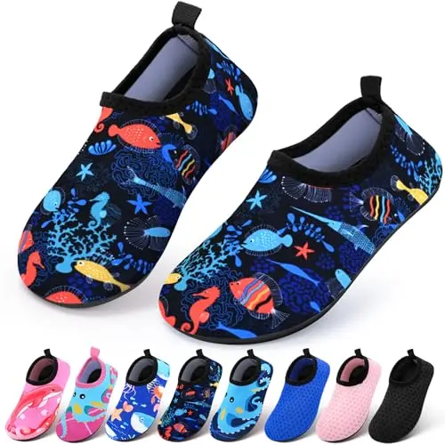 Basic kids swim water shoes in a solid color, showing flexible fabric