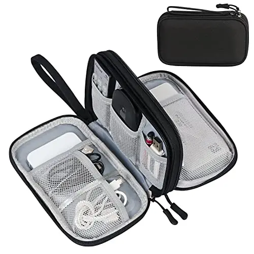 FYY Travel Cable Organizer Pouch in black showing double layer design and mesh compartments