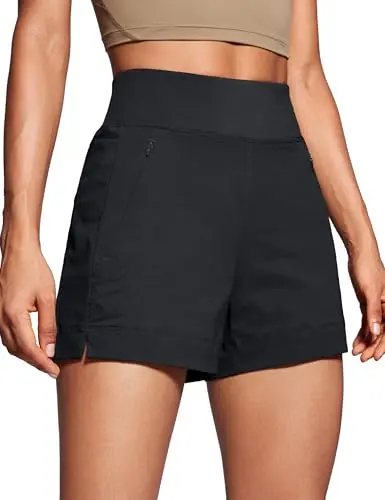 CRZ YOGA women's mid-rise hiking shorts with ripstop fabric and a net pocket, ideal for dynamic activities.