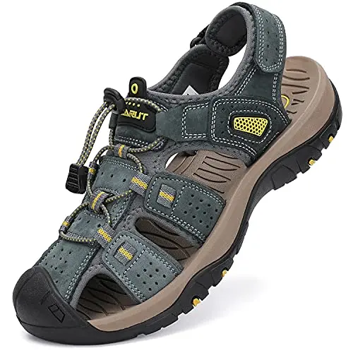 FLARUT men's grey closed-toe leather sport sandals for outdoor use
