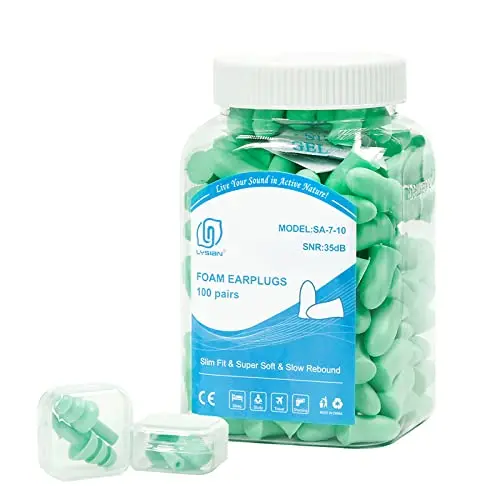 LYSIAN aqua-colored slim foam earplugs in a large pack