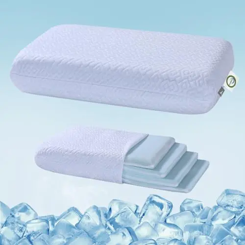 LOFE Adjustable Memory Foam Pillow with four separate layers and a blue removable cover.