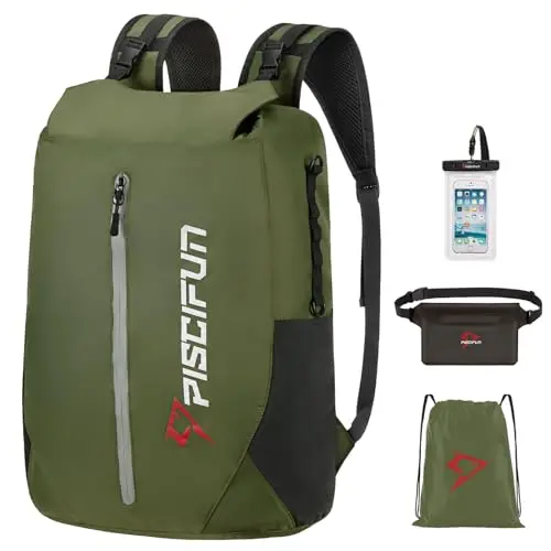 Piscifun Army Green 10L dry bag backpack with separate wet/dry compartments