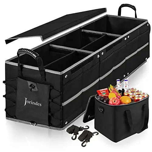 Jorindes trunk organizer with removable insulated cooler bag and multiple dividers.