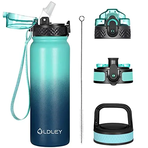 Oldley 20oz stainless steel insulated water bottle with three different lids (straw, chug, carabiner) in Caribbean Blue