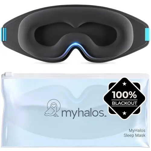 MyHalos black sleep mask with 3D contoured cups on a dark background