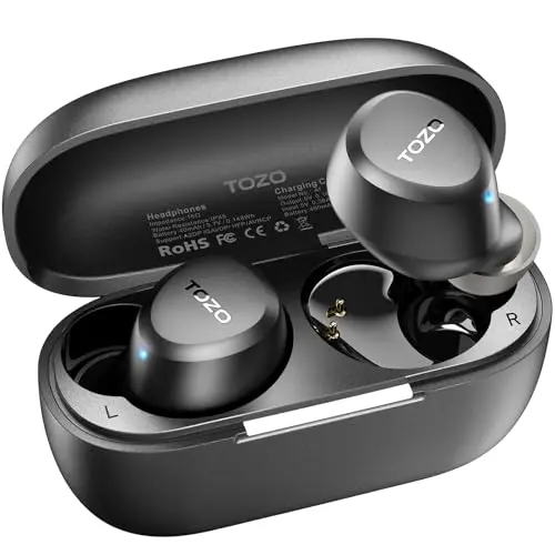 TOZO A1 ultra-lightweight black wireless earbuds with compact charging case