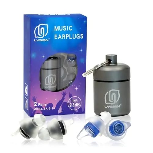 LYSIAN high fidelity earplugs in blue and black with aluminum case