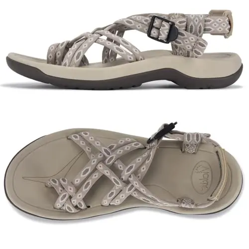 Viakix women's athletic walking sandals in beige with multiple adjustable straps
