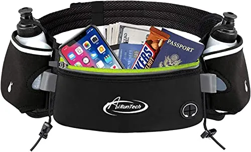 AiRunTech hydration running belt with two 10oz water bottles and a large phone pocket